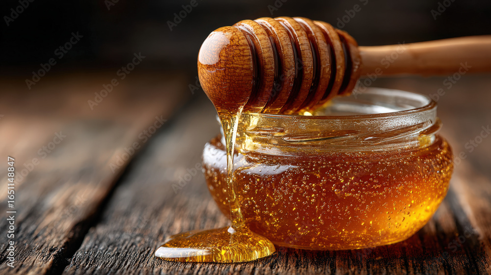 Poster golden honey drips from a wooden honey dipper into a jar, creating a rich and inviting texture again