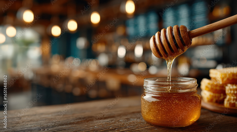 Poster a jar of golden honey sits on a wooden table with a honey dipper dripping honey, creating a warm and