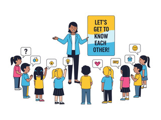 First Day of School: Teacher guiding children in a classroom for getting to know each other. a perfect day of school