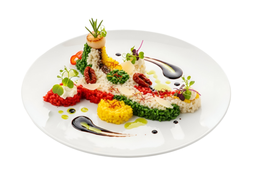 Artistic fish shaped gourmet dish with colorful vegetables and garnishes on a white plate