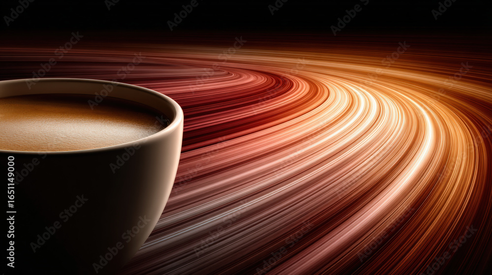Poster a close-up view of a coffee cup with swirling vibrant colors in the background, creating an abstract