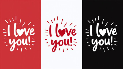 Three panels with “I love you!” in bold styles.
