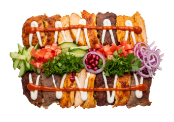 Assorted deep-fried sushi rolls garnished with vegetables and sauces on black background