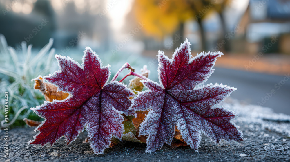 Poster frost-covered red maple leaves rest on a grey stone, surrounded by a hint of green grass and a blurr