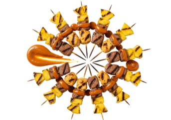Assorted Dessert Skewers Arranged in a Circular Pattern with Chocolate and Caramel Toppings