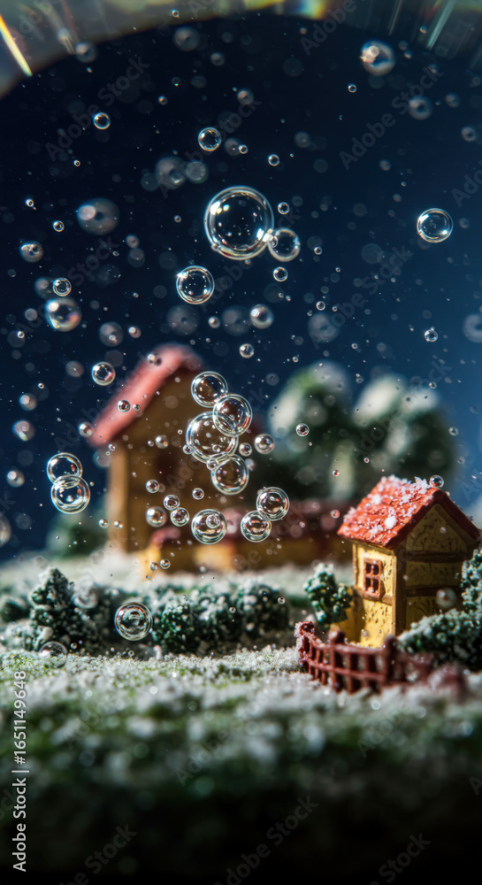 Poster a whimsical miniature scene featuring tiny houses surrounded by greenery with bubbles floating in th