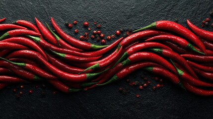 Long strand of fresh red chili peppers intertwined with green stems on dark textured background