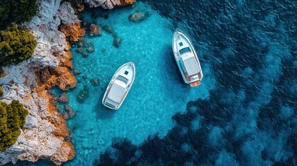 Aerial view of two white boats in a turquoise cove, surrounded by rocky cliffs and lush greenery