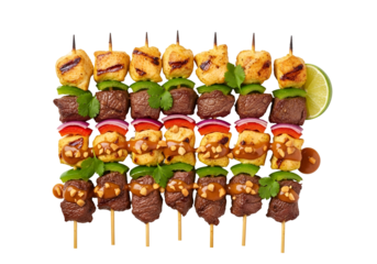 Assorted skewers of grilled meat and vegetables with lime slices on a black background
