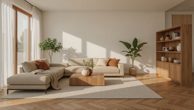 Bright Living Room with Beige Sectional Sofa, Wooden Coffee Table, and Natural Light