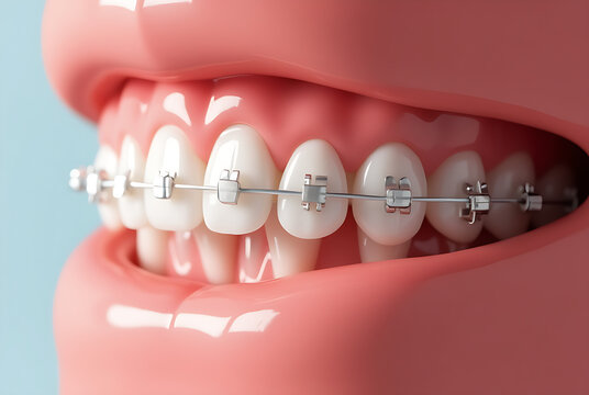 A close-up image shows modern orthodontic treatment using self-ligating braces on a patient's teeth. 