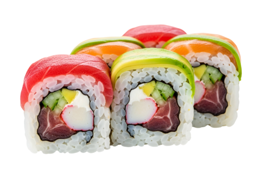 Assorted Sushi Rolls with Fresh Ingredients and Vibrant Colors on Black Background