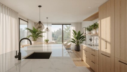 Fototapeta premium Modern Kitchen Design with Marble Island and Natural Light