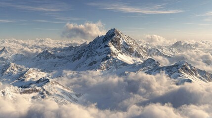 Naklejka premium Majestic snow-capped mountain piercing through a sea of fluffy clouds