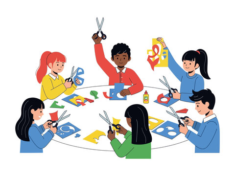 Creative Minds at Work: A diverse group of children gather around a table, engrossed in the creative process of crafting, snipping and gluing. It captures the essence of teamwork, creativity. - Powered by Adobe