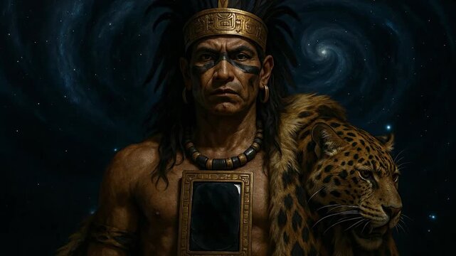 Tezcatlipoca Aztec God of Night and Magic with an Obsidian Mirror on His Chest Symbolizing Mystery, Power, and Cosmic Influence