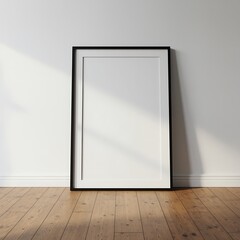 Minimalist Frame Mockup on Wooden Floor with White Wall Backdrop Showcasing Interior Design and Art Presentation Opportunities for Creatives