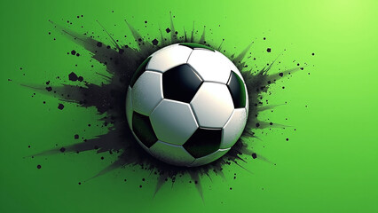 Fototapeta premium Soccer ball with black paint splatter on green background. 