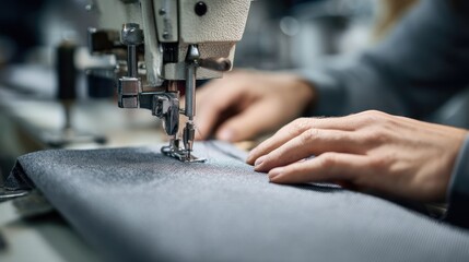 Fototapeta premium Close-up of hands guiding fabric under a sewing machine needle, crafting a seam