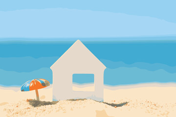 landscape of pink house on the beach in summer.