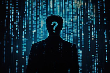 A shadowy figure, back to viewer,  a question mark superimposed on their head, stands before a cascading wall of glowing blue digital data streams