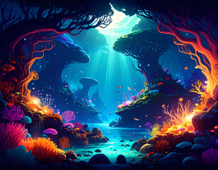 Fototapeta premium Magical underwater fantasy landscape in glowing grotto cave. Colorful, vibrant coral reef and surreal water create wondrous, serene mood