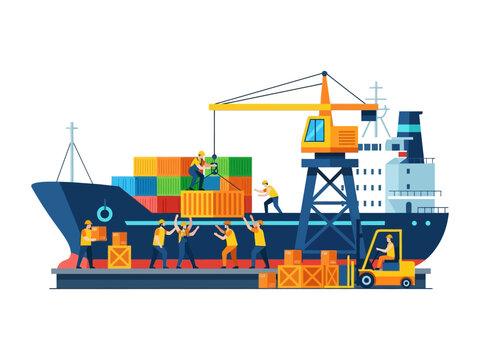 Global Trade in Motion: A dynamic vector illustration captures the bustling activity of global trade, showcasing workers loading cargo containers onto a massive cargo ship.