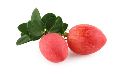 Japanese Bengal currant fruit with green leaves isolated on white background, exotic tropical berry high in antioxidants and vitamin C, perfect for healthy food, herbal medicine.
