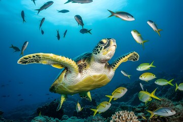 Sea turtle swimming gracefully among tropical fish in clear blue ocean water