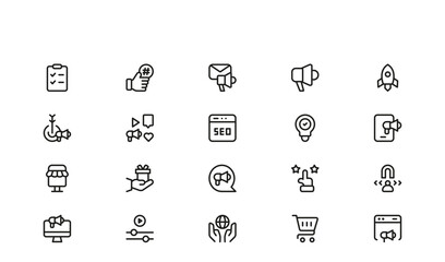 Marketing Line Icon Set – Professional Minimal Outline Symbols for Digital and Social Media, Modern Vector Icons for Business and Advertising