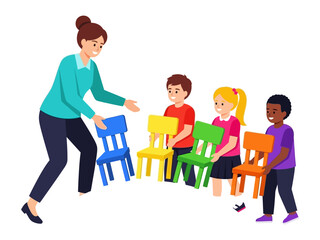 Animated Playtime: A dynamic scene unfolds as a teacher leads a cheerful group of children in a lively game of musical chairs. Witness the spirited movement, the vibrant colors.