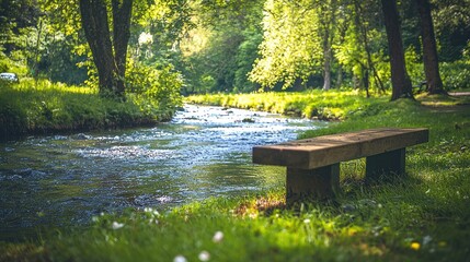 Tranquil park bench by a babbling brook