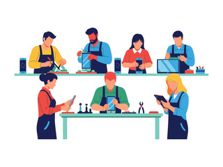 Tech Repair Professionals: A group of skilled professionals, each immersed in their craft, meticulously repairing and assembling technology in a clean, well-lit workspace.