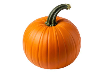 Obraz premium Bright orange pumpkin with a curved green stem isolated on black background