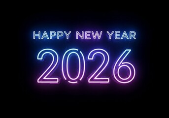 Happy New Year 2026 Neon Sign with Glowing Blue, Pink, and Yellow Text