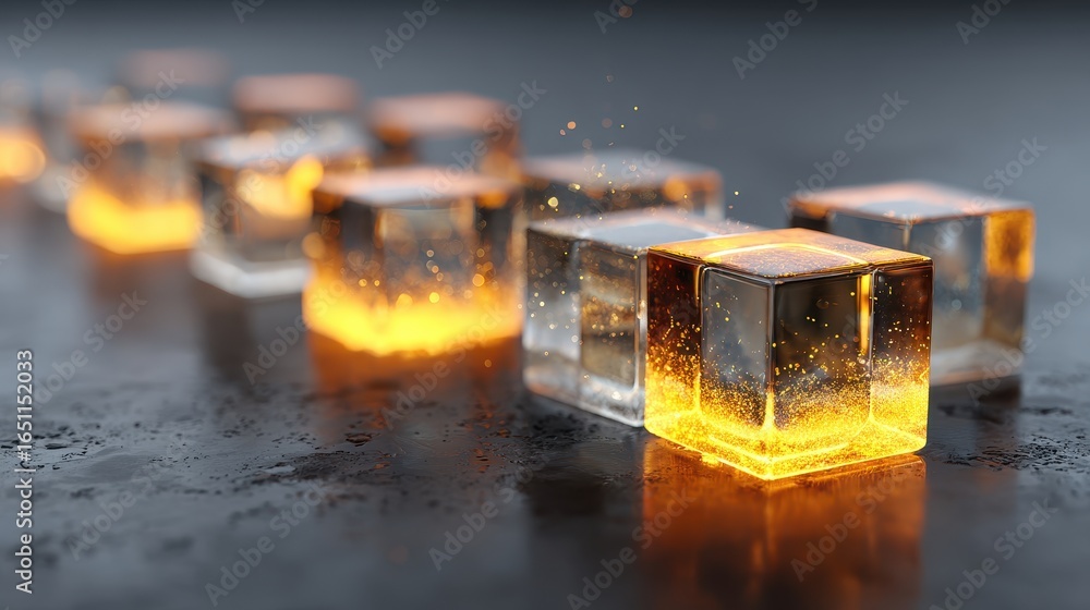 Poster row of translucent cubes radiate bright light. concept innovation, tech display