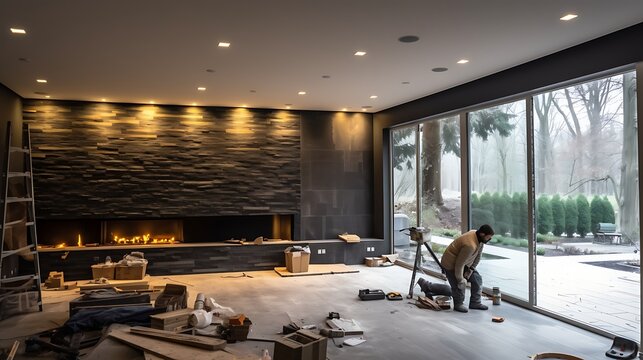 Wide angle of luxury living room under construction, full glass doors and recessed lighting visible, fireplace wall with dark stone cladding being finished.