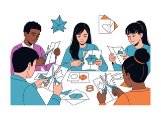 Creative Hands in Harmony: A diverse group of individuals engrossed in the art of paper craft, meticulously cutting and folding intricate designs in a display of creativity and collaboration.