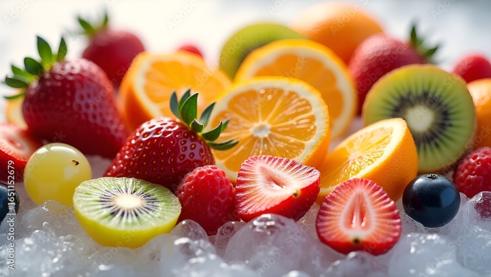 Poster vibrant assortment of citrus and berry slices frozen into crystal-clear ice, creating a colorful and