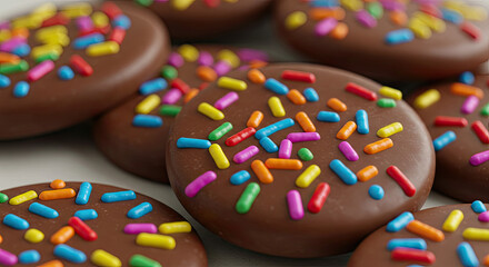Obraz premium Chocolate Cookies with Colorful Sprinkles Delicious Treat Sweet Dessert.