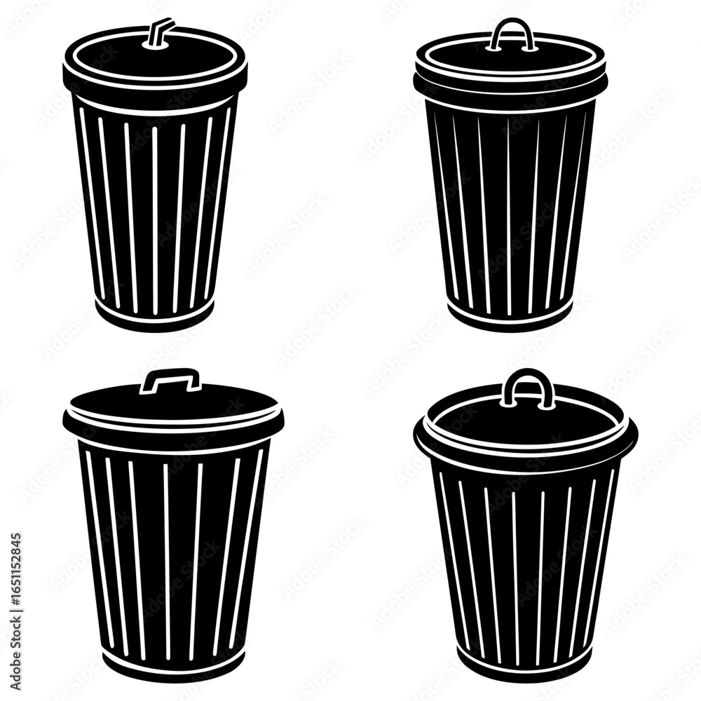 Aufkleber four black and white trash cans with lids in different styles on a white background simple vector dr