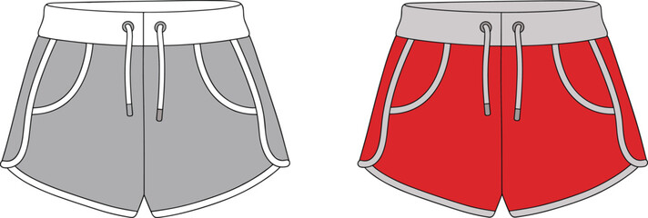 Vector technical flat of casual shorts with drawstring waist and side pockets, front and back views, sporty summer apparel design for fashion industry.