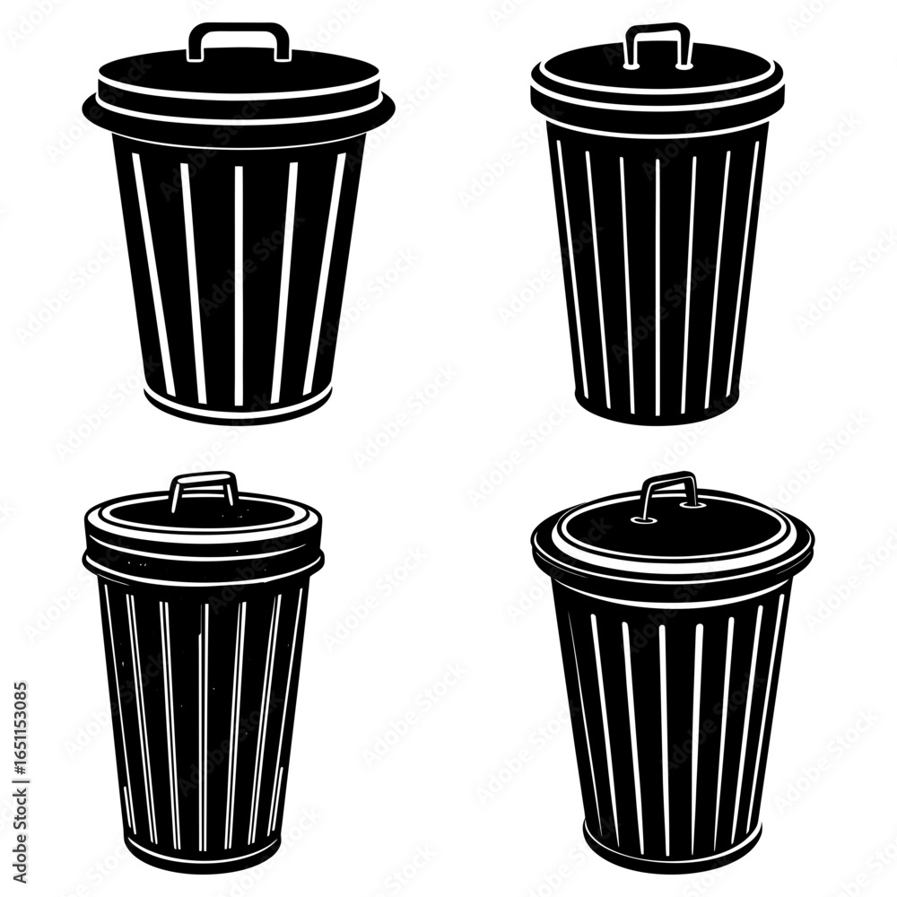 Poster four black and white trash cans with lids and handles in varying styles and orientations displayed o