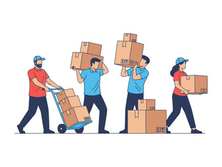 Moving Team: a dynamic illustration showcasing a diverse team diligently transporting cardboard boxes. With coordinated effort, the group embodies reliability and a strong work ethic.