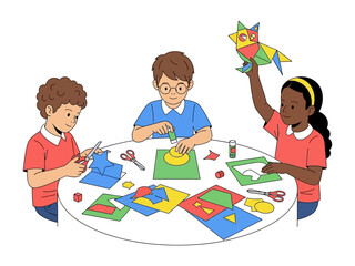 Creative Classroom: A colorful classroom scene of kids engaged in crafting activities, using scissors, glue and colorful cutouts on a round table