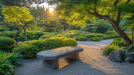 Serene garden path at sunrise. Lush greenery, stone bench, sunlit gravel path
