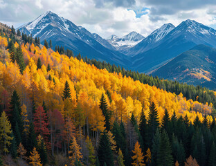 Fototapeta premium Autumn forest and mountains landscape background