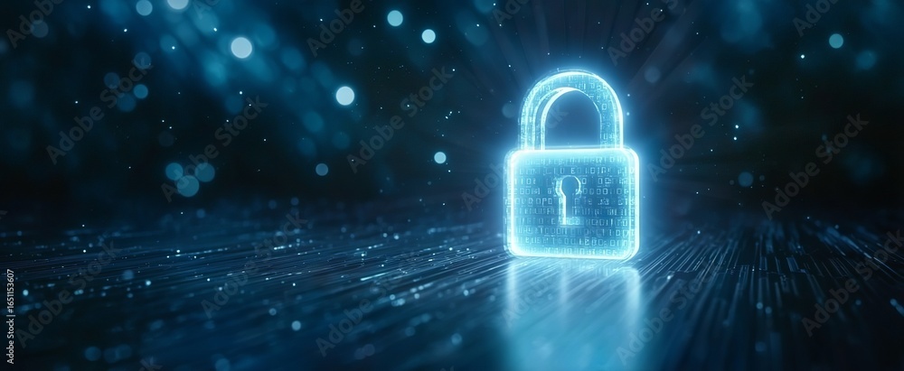 Poster digital padlock with glowing effects on a technological background