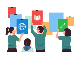 Sharing Vision: Illustrative depictions of a team collaboratively arranging educational icons on vibrant, colored boards, showcasing a shared goal of learning.