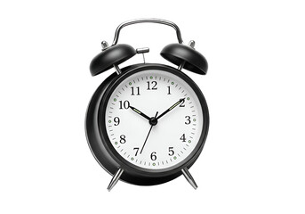Classic black and white alarm clock with twin bells on a solid black background